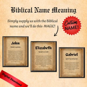 May include: A decorative print with the title "Biblical Name Meaning". The text encourages the viewer to supply a Biblical name. Three framed examples show the names John, Elizabeth, and Gabriel, with their meanings.