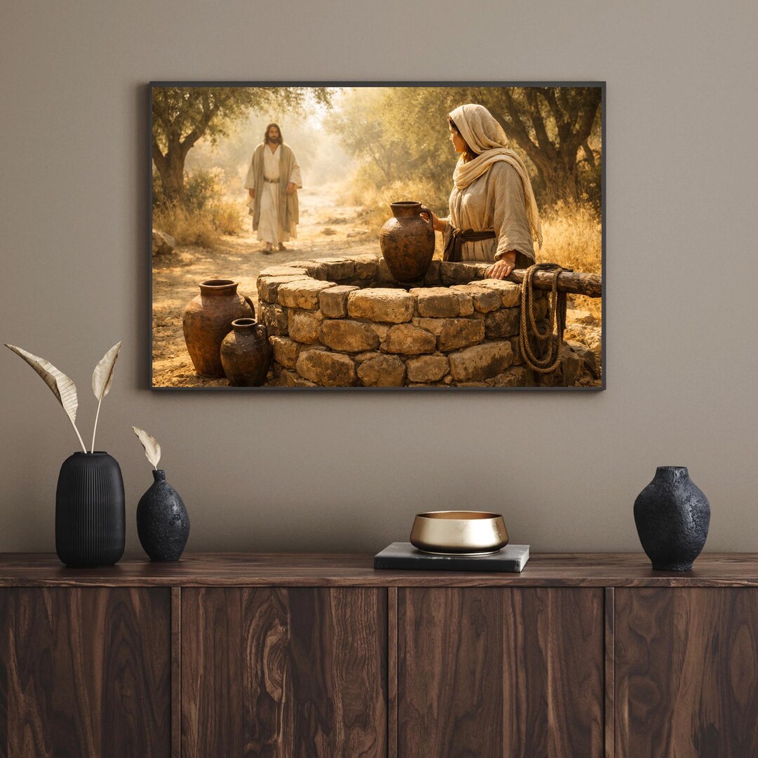 Jesus and Samaritan Woman - Rustic Biblical Scene Printable Art ...