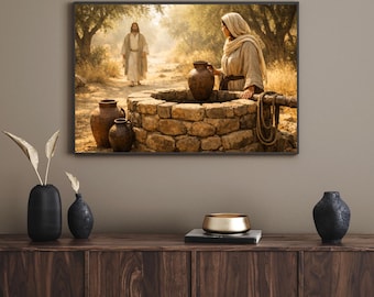 Jesus and Samaritan Woman - Rustic Biblical Scene Printable Art - Pastoral Digital Download Wall Decor