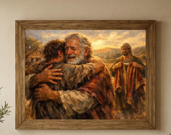 Prodigal Son Returning Christian Art – Heartfelt Embrace, Pastoral Sunset Landscape (Digital Download)