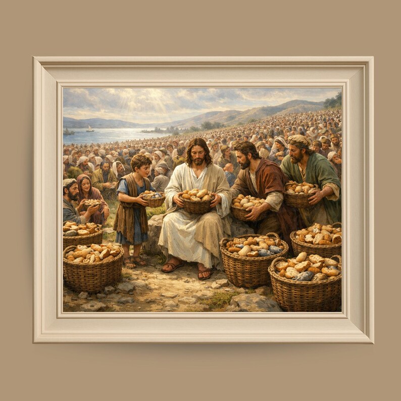 Scene of Jesus distributing loaves digital print for living space — warm, inviting artwork capturing a classic biblical moment.