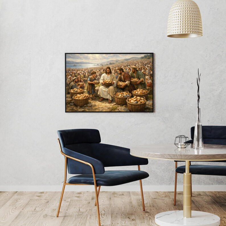 Jesus with fish and loaves wall art for dining room — serene, traditional painting featuring a soft, inspiring color palette.