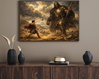 Vintage David and Goliath Printable Art - Rustic Bible Story Scene Painting - Digital Download
