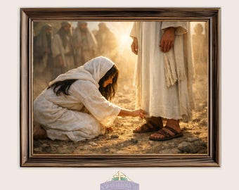 Biblical Woman Touching Jesus' Garment - Printable Religious  Virtue Art, Photorealistic Digital Illustration, Instant Download