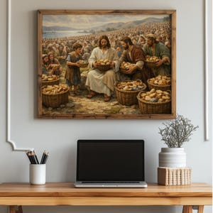Jesus distributing bread to a multitude poster for prayer corner — comforting, classic imagery that evokes a sense of peace and faith.