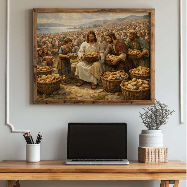 Jesus distributing bread to a multitude poster for prayer corner — comforting, classic imagery that evokes a sense of peace and faith.
