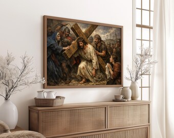 Vintage Biblical Painting, Jesus Carrying Cross Wall Art, Religious Devotional Decor Print
