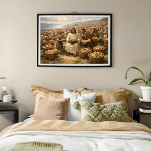 Jesus surrounded by baskets of bread wall decor for church hall — classic scene exuding warmth and serenity in natural tones.