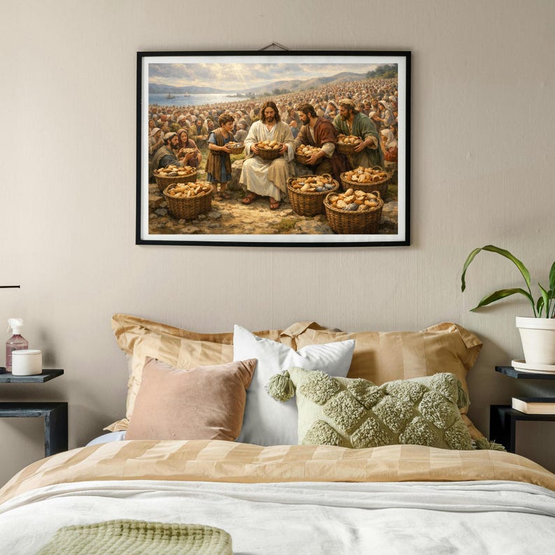 Jesus surrounded by baskets of bread wall decor for church hall — classic scene exuding warmth and serenity in natural tones.
