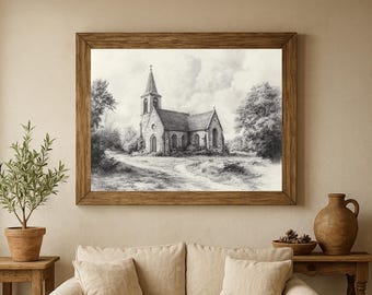 Vintage Church Landscape Printable – Monochrome Graphite Sketch, Cottagecore Wall Art (Digital Download)