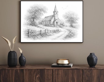 Rustic Church Pencil Sketch – Vintage Cottagecore Pastoral Print (Digital Download)
