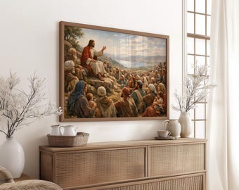 Vintage Religious Teaching Scene, Classic Hillside Sermon Painting Printable Wall Art