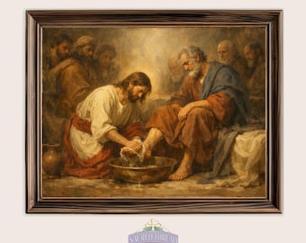 Jesus Washing Feet, Religious Wall Art - Printable Classic Bible Story Painting - Digital Download Decor