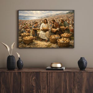 Children and men sharing bread with Jesus picture art for dining space — uplifting and peaceful imagery in a traditional style.