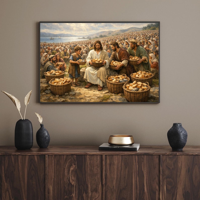 Children and men sharing bread with Jesus picture art for dining space — uplifting and peaceful imagery in a traditional style.