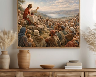 Sermon on the Mount - Pastoral Jesus Art, Biblical Scene Decor, Classic Painting Printable Download