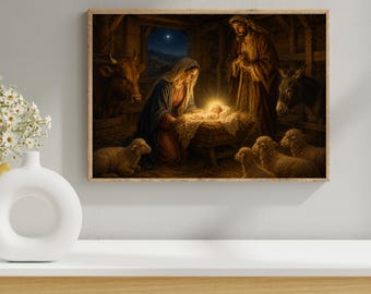 Printable Nativity Scene Wall Art: Rustic Stable Manger Painting (Digital Download)