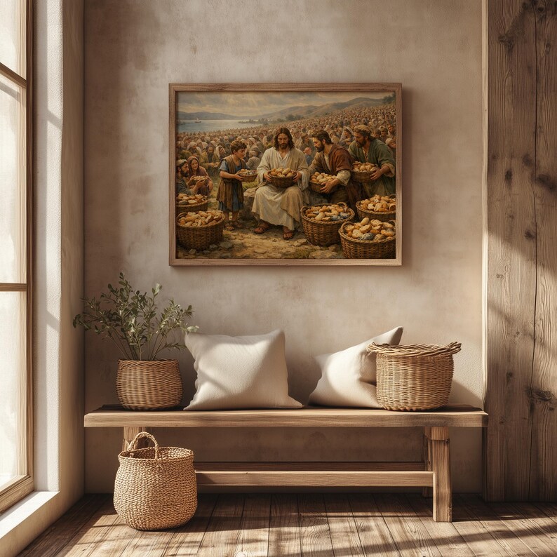 Jesus feeding the multitude painting wall art for church — inspiring scene with warm earthy tones and serene atmosphere.