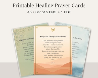 Conjunto de Cartões de Oração de Cura — 5 Devocionais Cristãos Imprimíveis para Força, Paz e Conforto (Download A5)