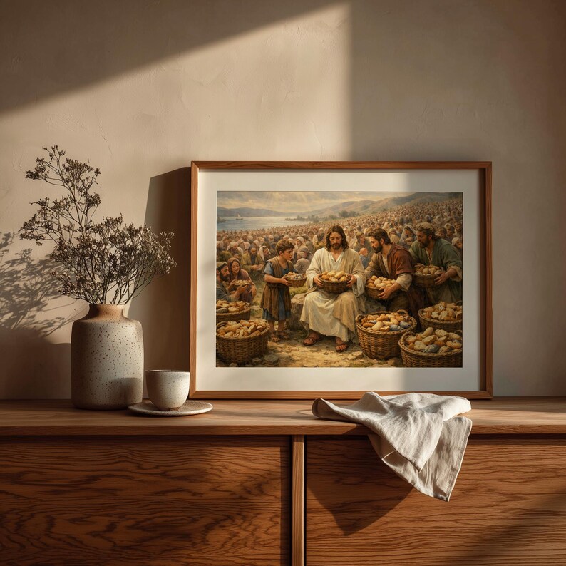 Jesus surrounded by faithful crowds wall art for worship area — classic painting capturing the warmth and devotion of a biblical scene.