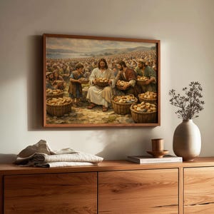 Inspiring scene of Jesus feeding the multitudes printable wall art for study — realistic colors and serene mood for reflection.