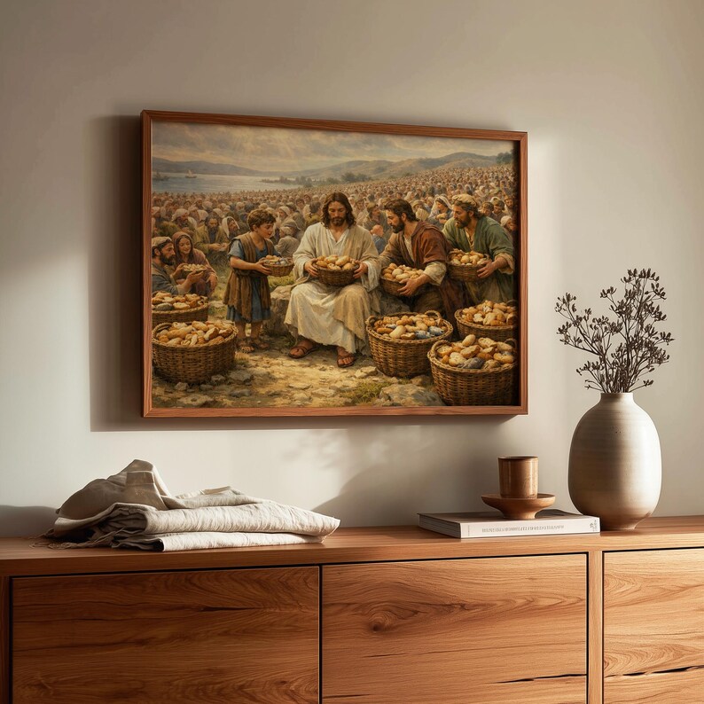 Inspiring scene of Jesus feeding the multitudes printable wall art for study — realistic colors and serene mood for reflection.