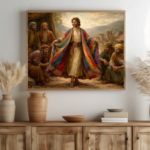 Op de afbeelding: Een religieus kunstwerk in een lijst toont een centrale figuur in een witte jurk en een kleurrijke, regenboogkleurige mantel, omringd door verschillende mannen. Het schilderij heeft een warm kleurenpalet, met een houten lijst.