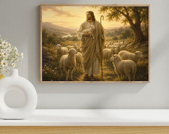 Jesus the Good Shepherd with Lamb and Sheep, Vintage Pastoral Art (Digital Download)