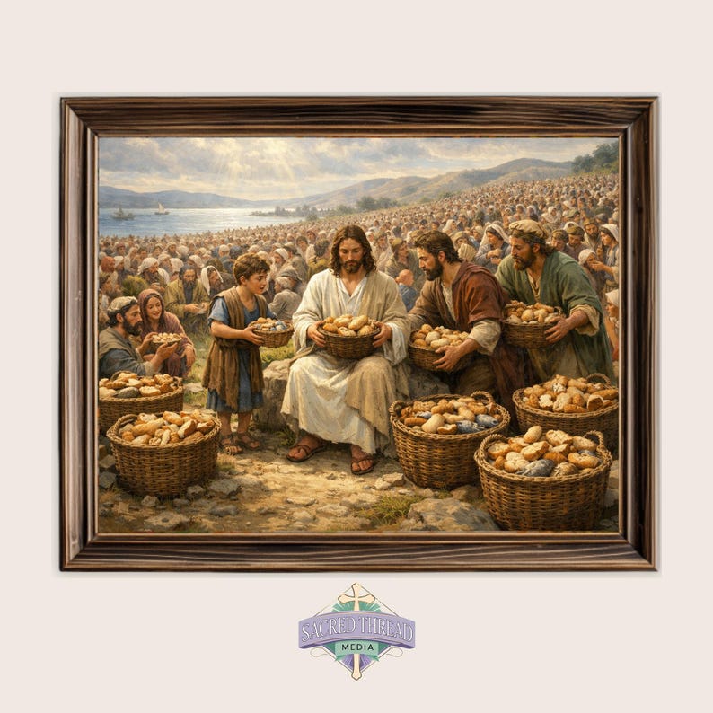 Biblical scene of Jesus distributing loaves digital print for dining area — classic artwork with a peaceful, devotional theme.