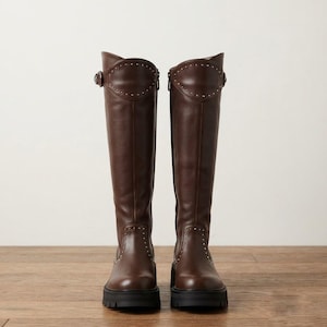 Studded Knee High Leather Riding Boots, Chunky Lug Sole Platform, Handmade Women’s Footwear