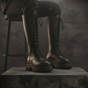 May include: A pair of knee-high black boots featuring a lace-up front design with matching black laces tied at the top. The boots have a thick, chunky platform sole with a distinct layered, grooved texture along the sides of the base.