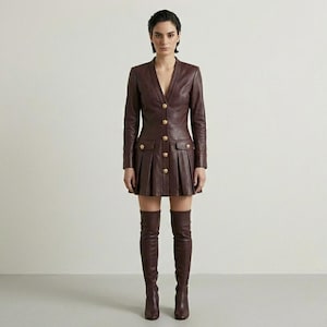 Genuine Leather Blazer Dress, Tailored Pleated Mini Coat, Chic Streetwear Jacket