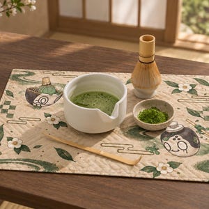 May include: A rectangular quilted placemat featuring a beige background with green wave patterns, white flowers, and cartoon character illustrations. On the mat sits a white ceramic bowl with green matcha tea, a bamboo whisk, and a small bowl of matcha powder.