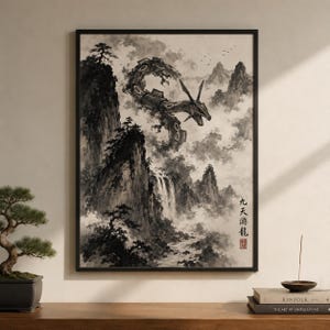 Rayquaza kinesisk bläckmålningstryck | Pokémon-väggkonst | Sumi-e-stil | Asiatisk inredning | Anime-present