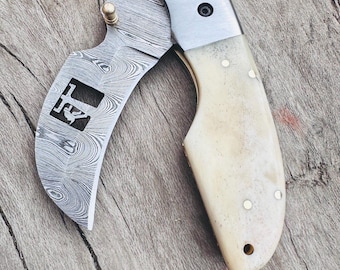 Coltello tascabile in acciaio di Damasco forgiato a mano con manico in osso di cammello, coltello pieghevole con blocco liner lock, lama a taglio cavo stile wireman, regalo EDC fatto a mano