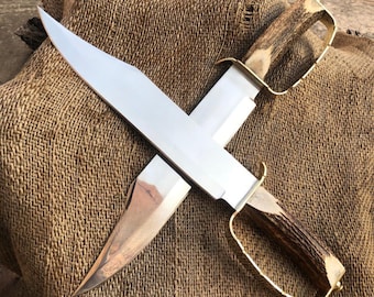 18" Handmade Bowie Knife | 1085 Carbon Steel, Deer Antler Handle, Brass Guard, Leather Sheath