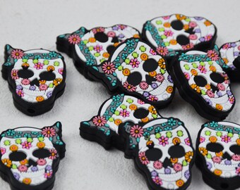 Double Side Halloween Skull Skeleton Ghost Flower Silicone Focal Beads,Beadable Pen 53106