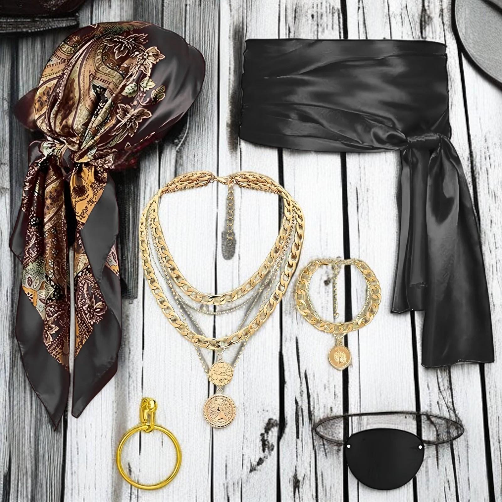 Set De 6 Accesorios De Pirata Para Hombre Y Mujer, Incluye Pañuelo, Cinturón, Collar, Pulsera, Parche Y Pendiente, Disfraz Completo Para Halloween