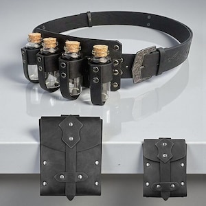 May include: A black leather belt with a decorative buckle, holding four small glass bottles with cork stoppers. Two matching black leather pouches are also shown, each with a flap closure and silver rivets. The belt and pouches are likely for a costume or cosplay.