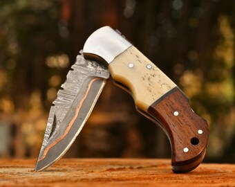 Handmade Copper Damascus Folding Knife | Bone & Rosewood Handle