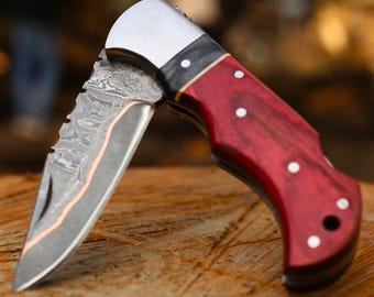 Handmade Copper Damascus Folding Knife | Pakka Wood Handle, Personalized