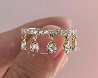 Dangling Diamond Charm Ring | Gold Plated Diamond Dangle Ring | Diamond Charm Ring | Diamond Dangling Ring | Diamond Stacking Ring
