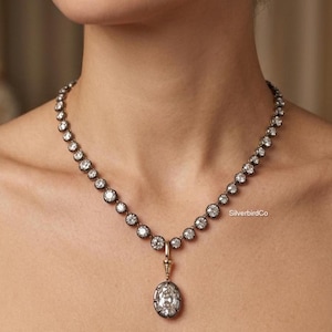 Georgian Style Bezel Set Round Moissanite Diamond Necklace, 925 Silver Tennis Chain With Oval Pendent, Antique Inspired Bridal Jewelry