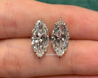 3 TCW Marquise Cut Moissanite Diamond Stud Earrings, 6 Claw Leaf Design Studs, 925 Silver Minimalist Earrings, Everyday Wear Birthday Gift