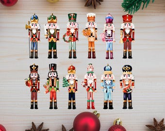 Set of 12 2D Nutcracker Ornaments, Lightweight Wooden Christmas Tree Decorations, Classic Nutcracker Soldier Hanging Figures 11 cm