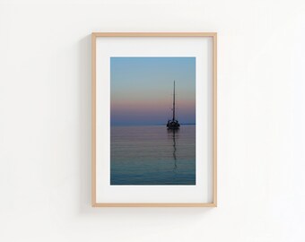 Sunset Sailing Boat Print: Minimalist Coastal Wall Art (Digital Download)