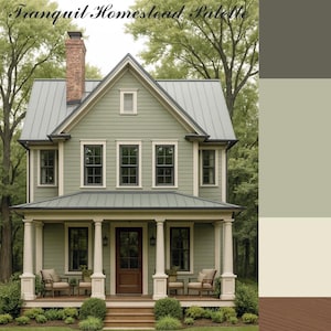 May include: A two-storey house with a green exterior, grey roof, and a brick chimney. The house has a front porch with white columns and a brown door. The text "Tranquil Homestead Palette" is at the top. The image also includes a colour palette.