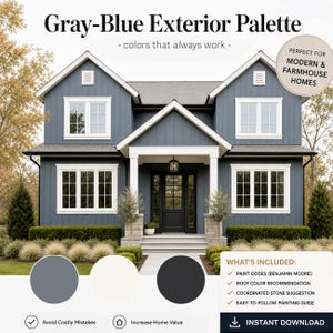 Paleta de colores exteriores gris azulado y guía de pintura (Benjamin Moore)