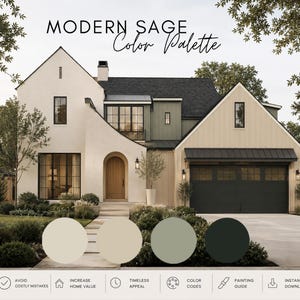 May include: A digital graphic featuring a house exterior with the text MODERN SAGE Color Palette. Below the house are four circular color swatches in cream, beige, sage green, and dark charcoal. The bottom includes icons for home value and painting.