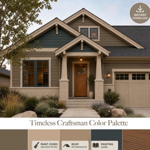 May include: A Craftsman-style home with a neutral color palette. The exterior features a wooden door, beige siding, and a dark blue roof. The image includes the text "Timeless Craftsman Color Palette" and "Instant Download".